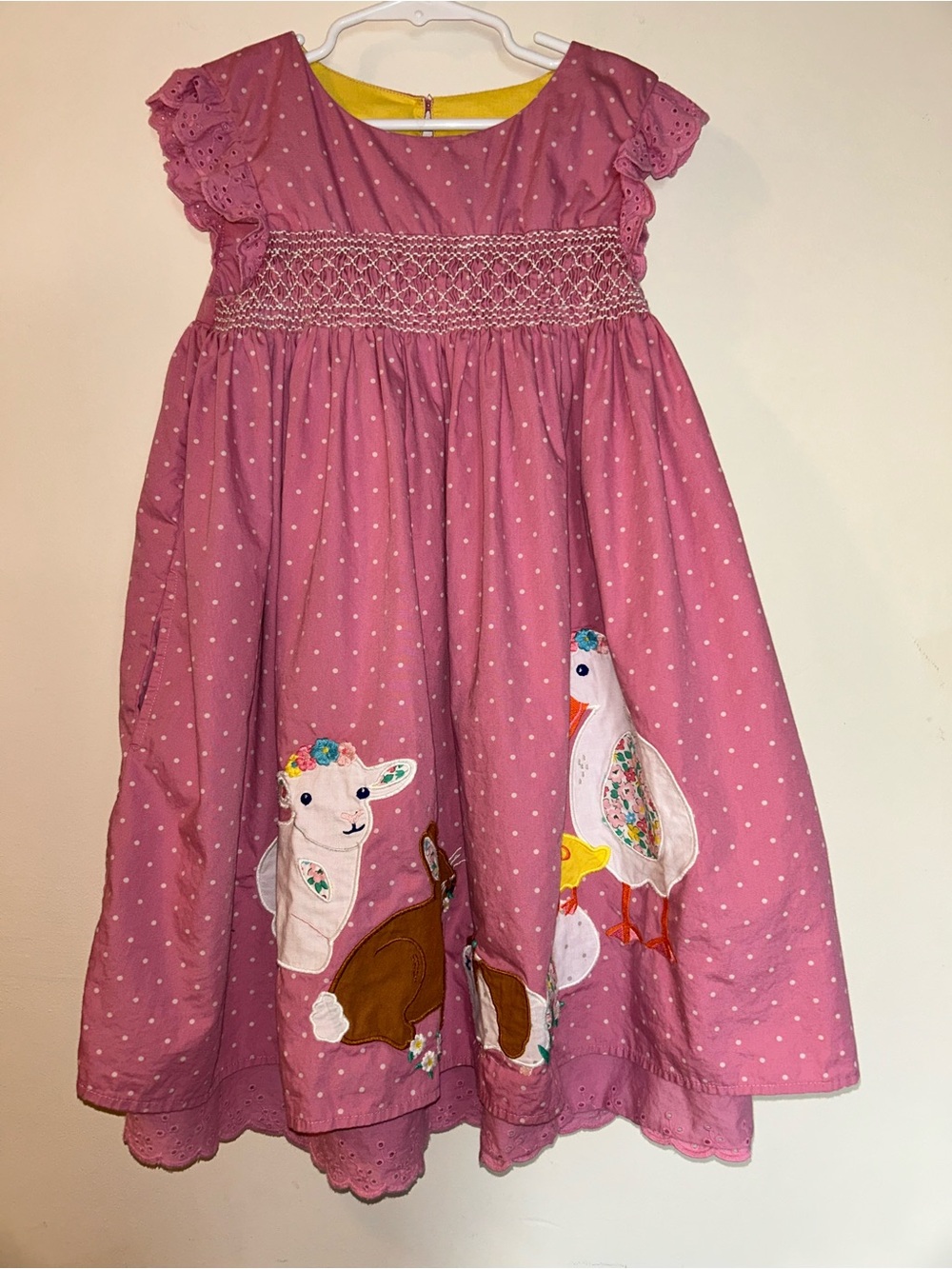 Mini Boden Girls 7-8Y Applique Bunny Lamb Duck Polkadot Eyelet Smocked Dress